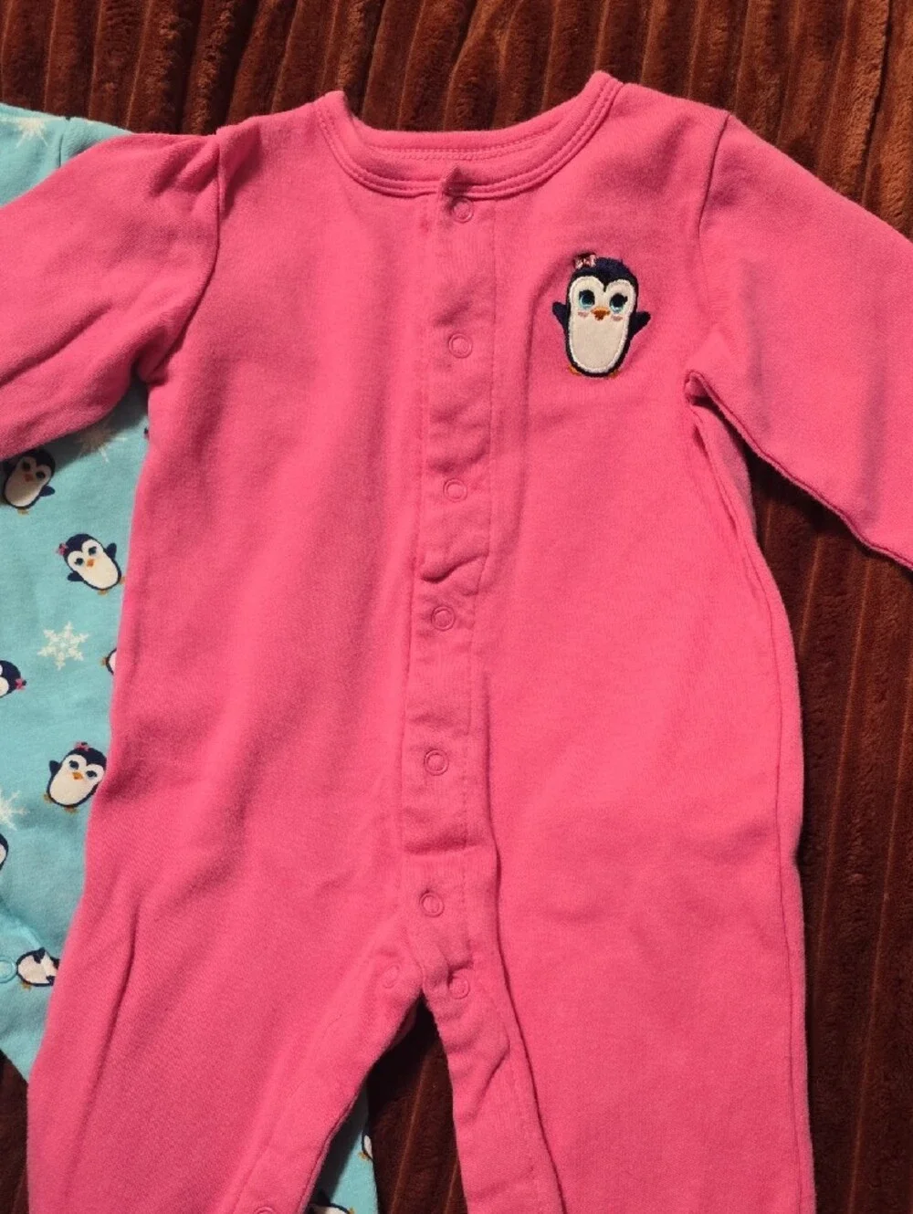 Falls Creek Pink and Teal Penguin Footed One-Piece Sleepers - 2 Pack
